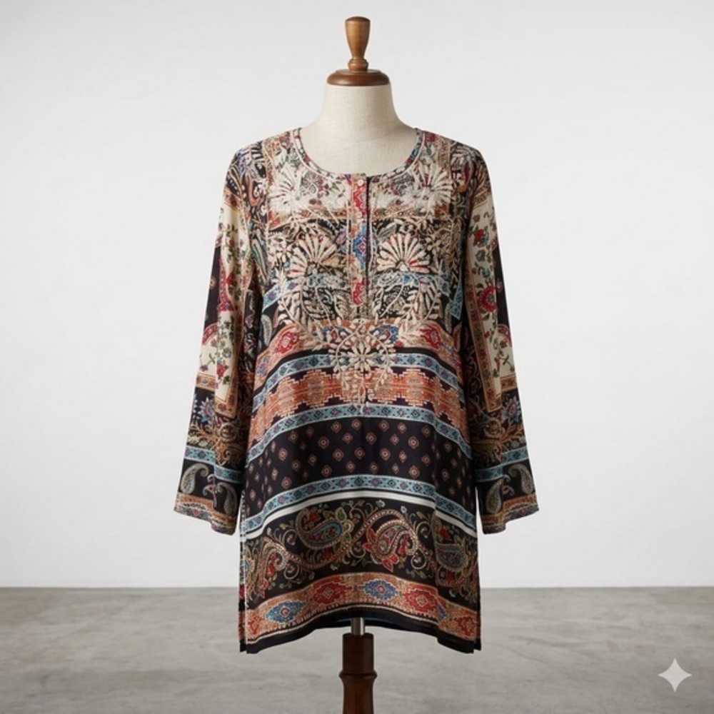 KAREN SEO Silk Embroidered Tunic, Size Large.